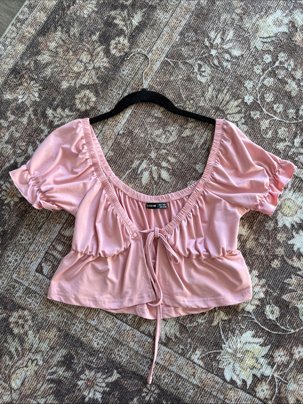 SHEIN Blush Pink Tie-Front Puff Sleeve Crop Top